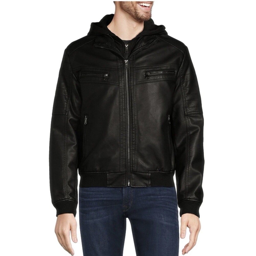 Murano Big & Tall Black Bomber with Knit Hood Faux Leather Jacket. Size LT . New